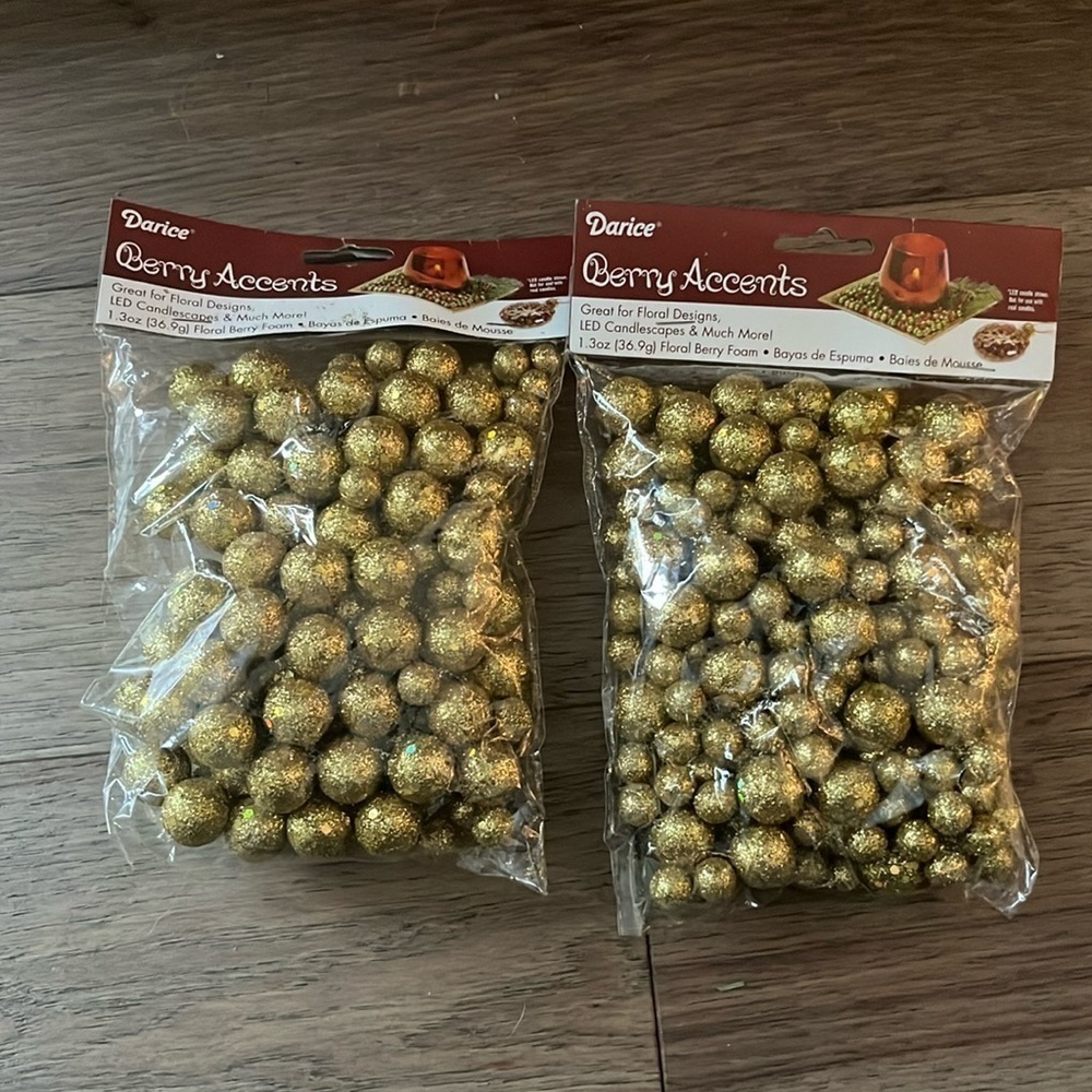 New in bag DARICE floral berry foam balls, gold